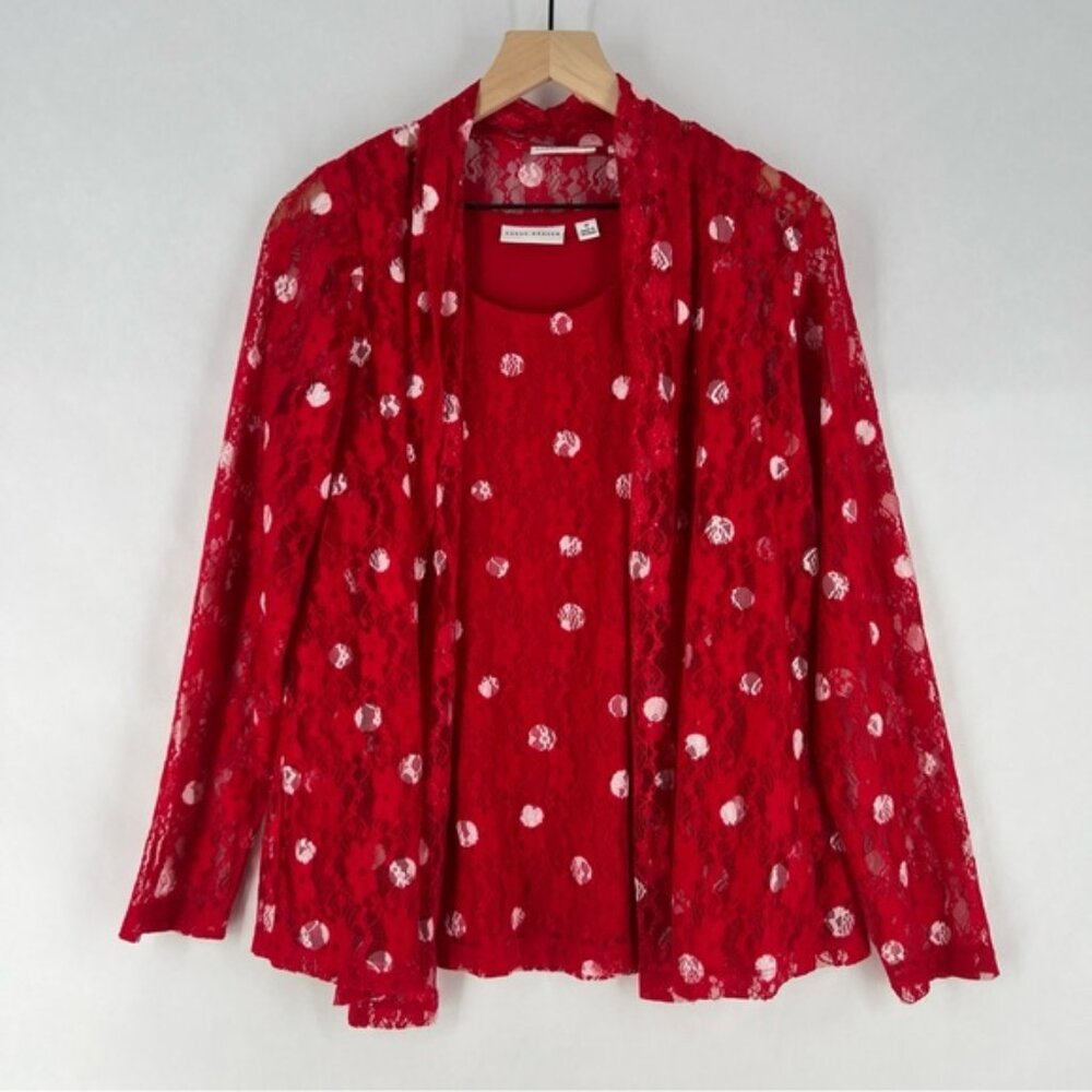 Susan Graver Red Lace White Polka Dot Scoop Neck‎ Tank Sheer Open Cardigan Set